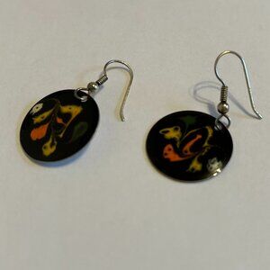 Vintage black round disc drop earrings with yellow, orange and green design